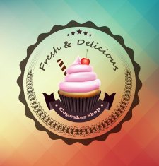 Pink cupcake with label over polygonal background N6