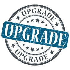 Upgrade blue grunge round stamp on white background