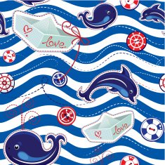 Seamless sea pattern with dolphins whales paper ships