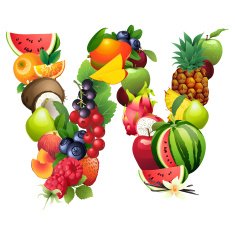 Letter W composed of different fruits with leaves