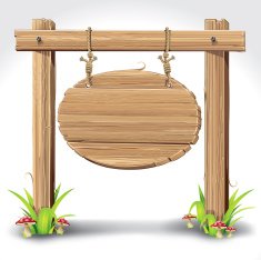 Wooden sign on a grass with mushrooms N4