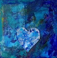 Blue abstract collage painting with heart N2