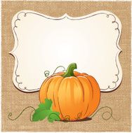 Pumpkin and sign with burlap texture background