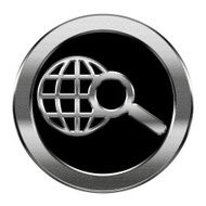 globe and magnifier icon silver isolated on white background