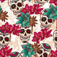 Skull Hearts and Flowers Seamless Background