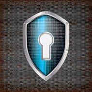 Security concept blue shield with rusty metal background