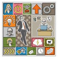 Business people and icons textured collage set