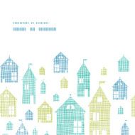 Houses blue green textile texture horizontal frame seamless pattern background N2