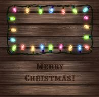 Christmas lights in wooden texture