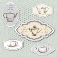Tea cup and pot label vector set in vintage style