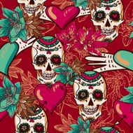 Skull Hearts and Flowers Seamless Background N2