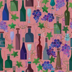 Seamless pattern of wine bottles goblets and vine elements N3