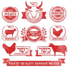 Organic Kosher Meat and Poultry Grunge vector icon set