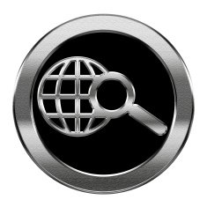 globe and magnifier icon silver isolated on white background