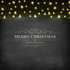 Merry Christmas lettering on Chalkboard with bright garland