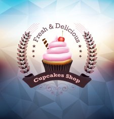 Pink cupcake with label over polygonal background N7