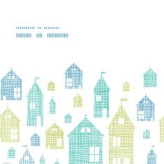 Houses blue green textile texture horizontal frame seamless pattern background N2