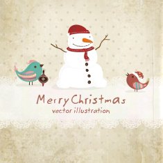 Christmas Card with Snowman and birds