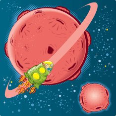 retro style spaceship planets and cool captain