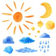 Watercolor set sun clouds moon stars raindrops