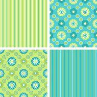 set of seamless geometrical decorative floral and polka dots pattern