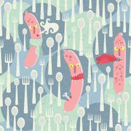 Seamless pattern with sausages food monsters