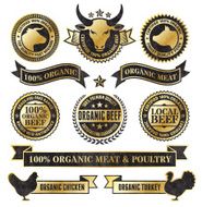 Organic Meat Poultry Grunge Black and Gold vector icon set N2