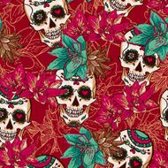 Skull Hearts and Flowers Seamless Background N3