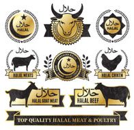Halal Meat and Poultry Golden Grunge vector icon set