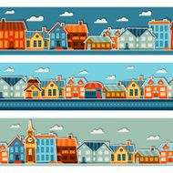 Town seamless patterns with cute colorful sticker houses