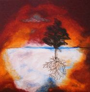 Oil painting of tree against sunset sky