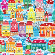 Seamless pattern with decorative colorful houses in winter time