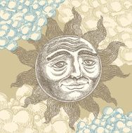 Ornate vintage sun face woodcut style