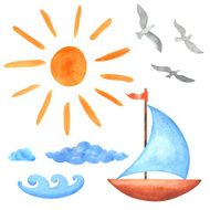 Watercolor set sun clouds waves yacht bird seagull isolated N2