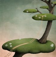 Tree with green islands and ladder