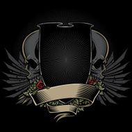 Shield with Skulls Roses Wings and Banner Design