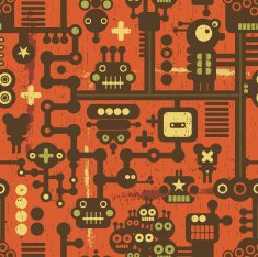 Robot and monsters on red