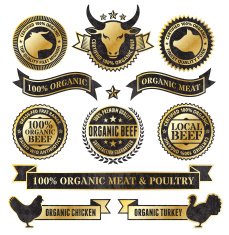 Organic Meat Poultry Grunge Black and Gold vector icon set N2