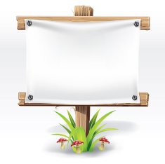 Wooden sign and paper on a grass with mushrooms