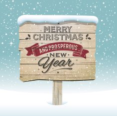 Old vintage wooden Christmas sign in the snow