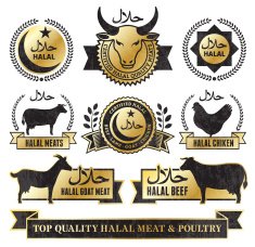 Halal Meat and Poultry Golden Grunge vector icon set
