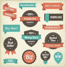 Solid colored vintage labels with beige backdrop