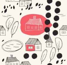 Cute rural landscape with houses and trees Grunge drawn background N2