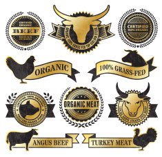 Organic Meat Poultry Grunge Black and Gold vector icon set N3