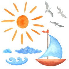 Watercolor set sun clouds waves yacht bird seagull isolated N2