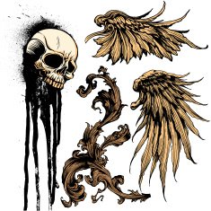 Isolated Vector Tattoo Elements Vintage Scroll Wings Skull Paint Splatter