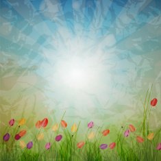 Summer Abstract Background with grass and tulips against sunny sky