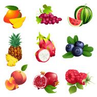 Set of fruits and berries with leaves