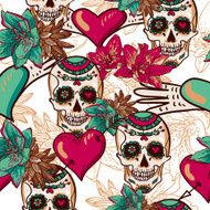 Skull Hearts and Flowers Seamless Background N4