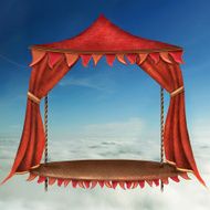 Bright Stage With Red Theater Curtains and blue Sky Background